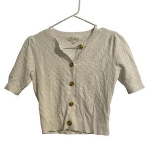 Marled White Textured Knit Cardigan Button Down Short Sleeve